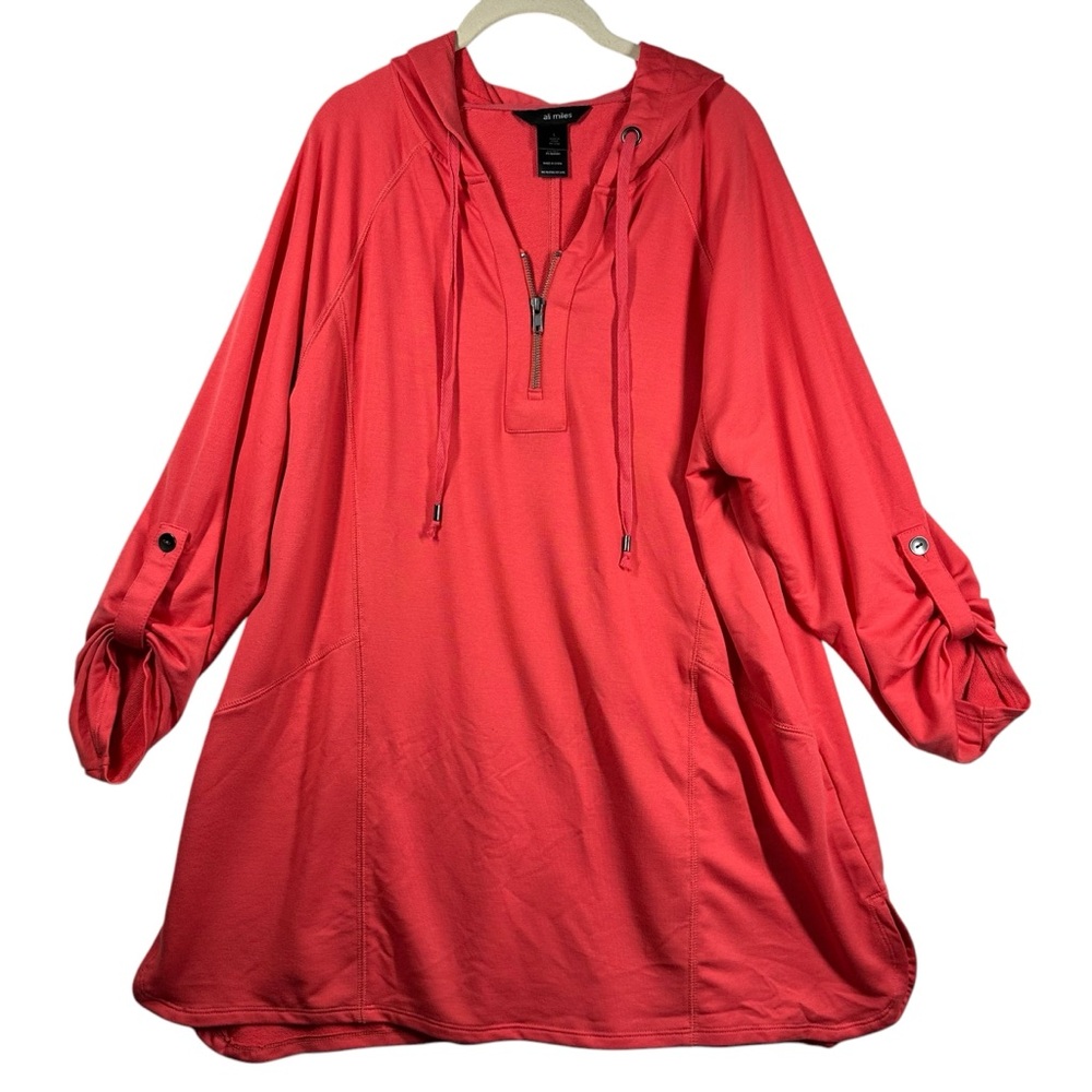 Ali Miles Jersey Knit Tunic Top Women's Large L Coral Hooded Relaxed Quarter Zip